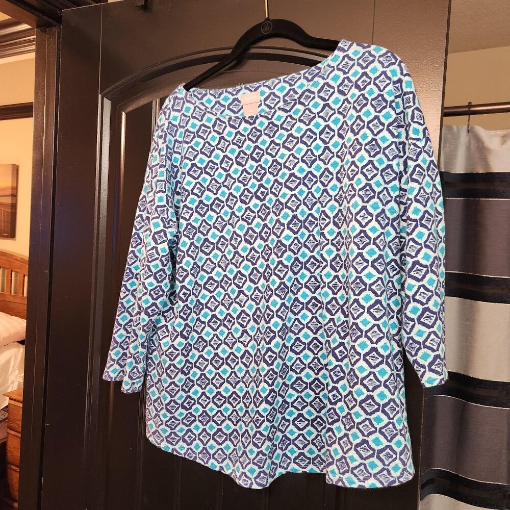 Chicos Blue Print Layering 3/4 Sleeve Tee